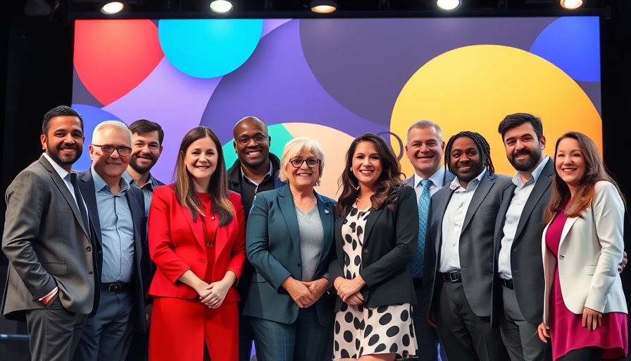 Group of professionals smiling on stage, AI job cuts discussion.