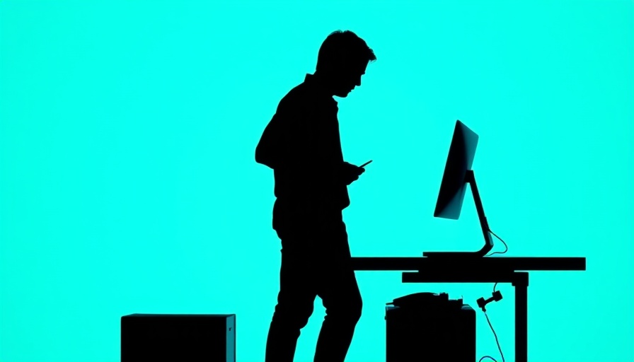 Man at desk with computer, futuristic setting; AI job cuts theme