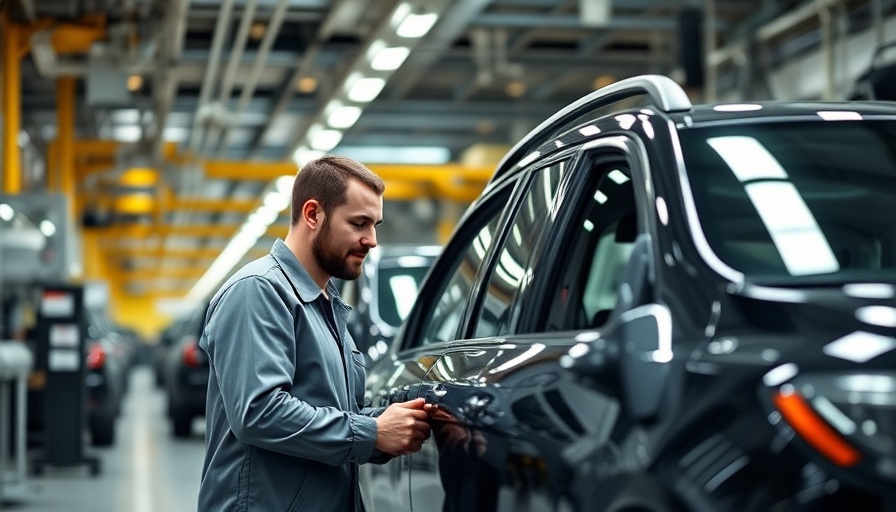 Worker inspects SUV at Michigan auto plant, highlighting manufacturing and tariffs.