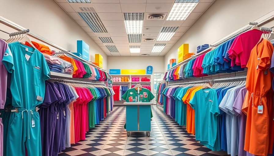 Colorful store showing scrubs and shirts, retail impact.