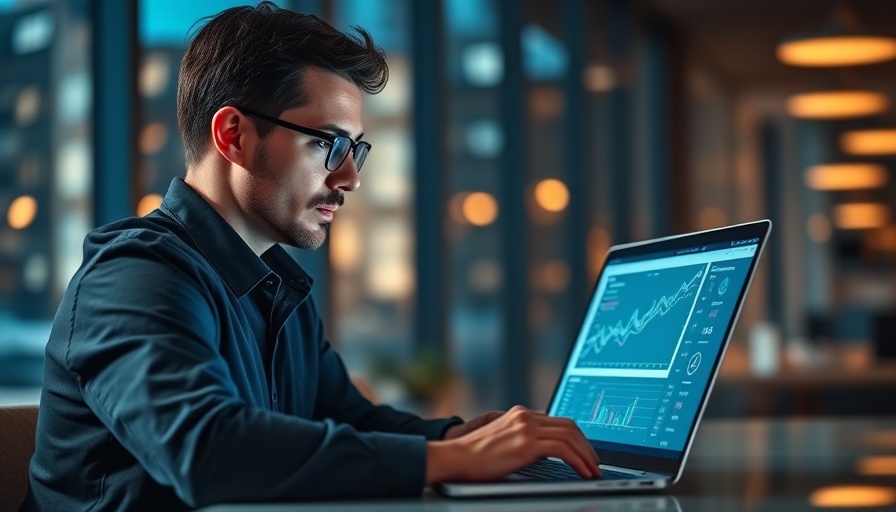 Analyzing big data on laptop in office; best big data stocks to buy.