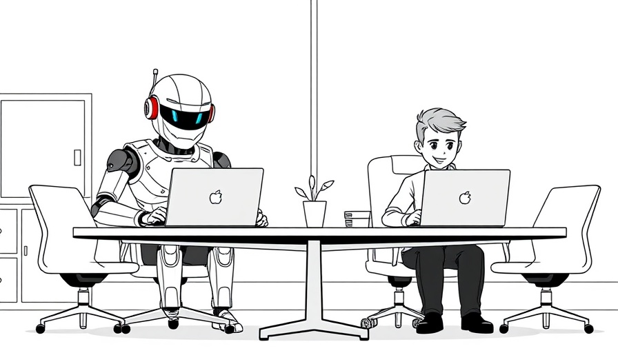 AI job cuts: robot and human working at desks in digital illustration