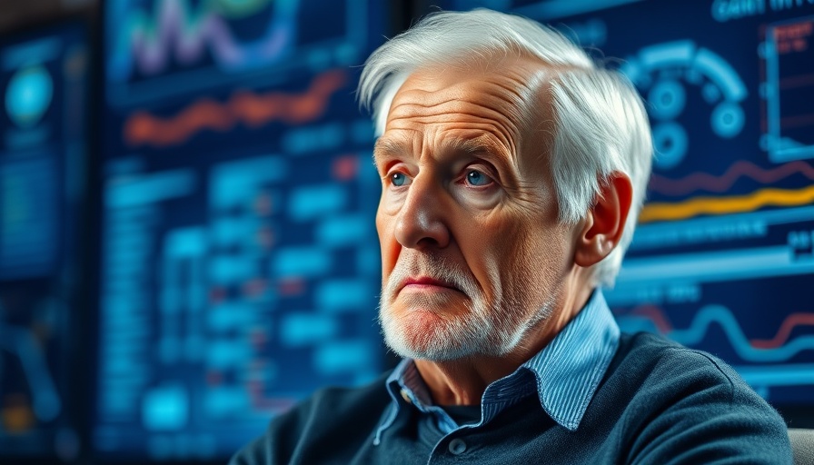 Older man in thoughtful expression with blurred tech background, AI job cuts