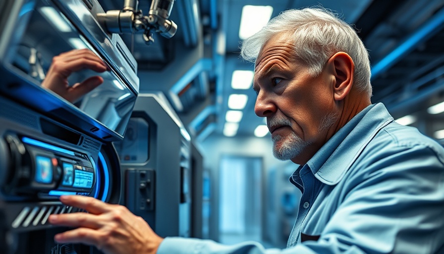 Older man in futuristic lab operating technology about AI job cuts.