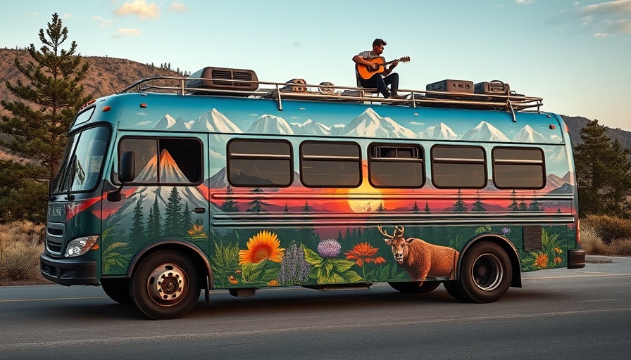 Northern Michigan Entrepreneurs Sales Tour bus with colorful murals and rooftop performer