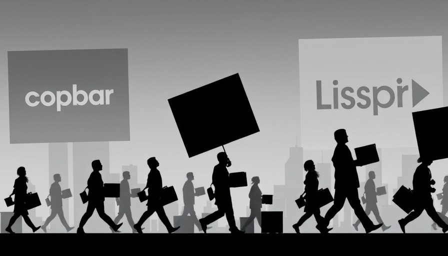 AI job cuts symbolized by corporate logos and silhouettes.