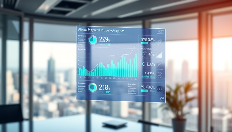 Futuristic interface of AI property analytics tool in modern office.