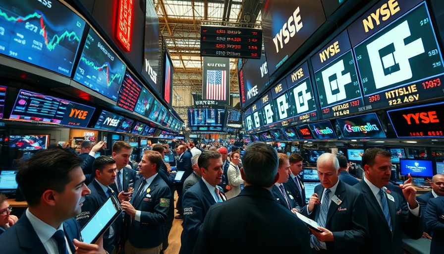 Wall Street trading floor with intense activity and digital screens