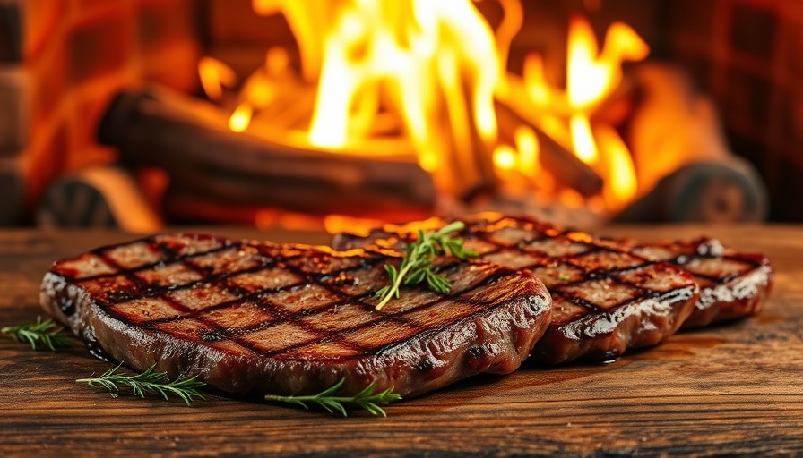 Juicy steak grilling with herbs by firelight, showcasing vibrant colors