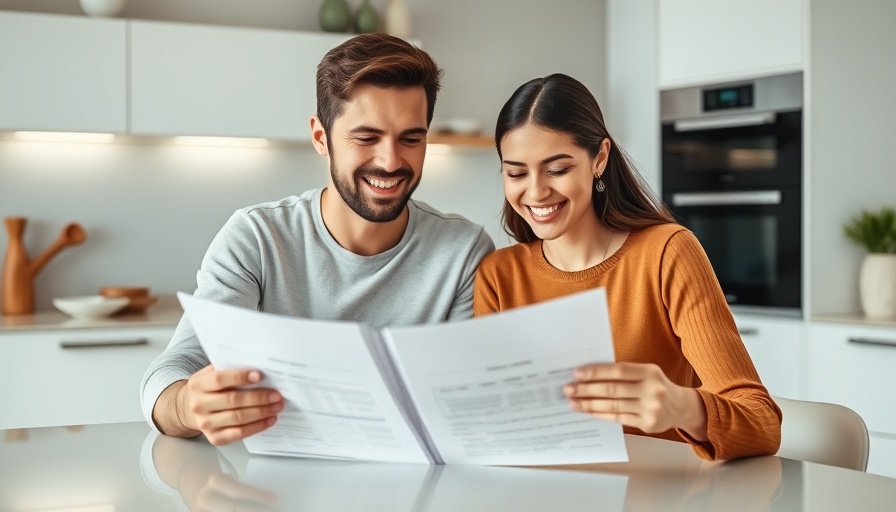 Young couple reviewing documents as mortgage rates drop.