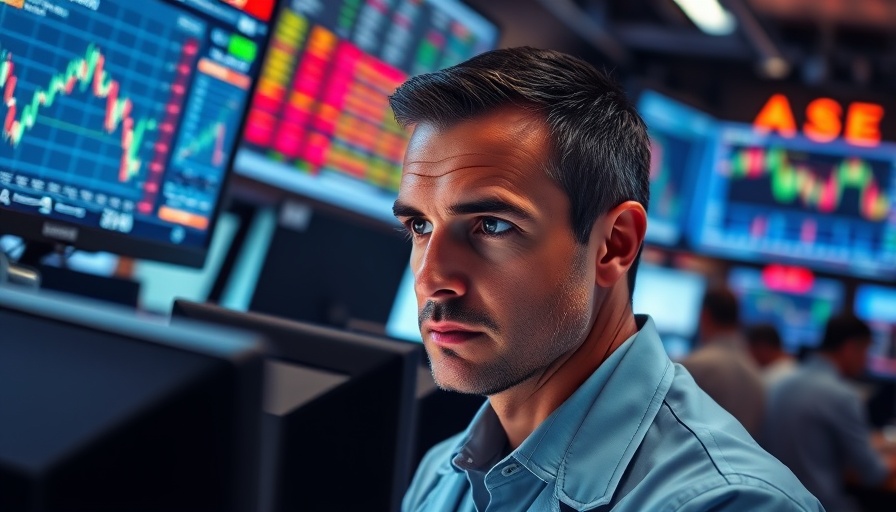 Stock trader analyzing S&P 500 trend on trading floor.