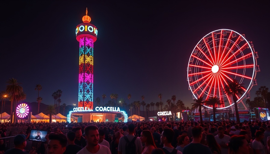 Colorful tower and Ferris wheel at Coachella festival, buy now pay later vibe.