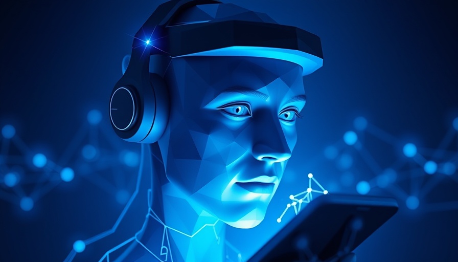 Futuristic digital face emerging from smartphone depicting AI job loss.