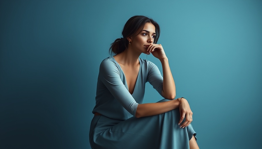 Contemplative woman seated serenely, effective stress management backdrop.