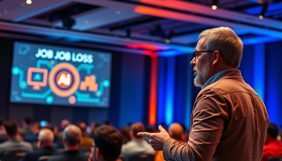 Confident speaker discussing AI job loss at conference.