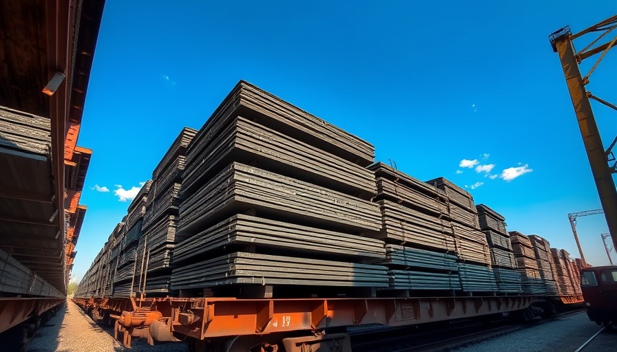 Algoma Steel raw plates on freight train under blue sky.