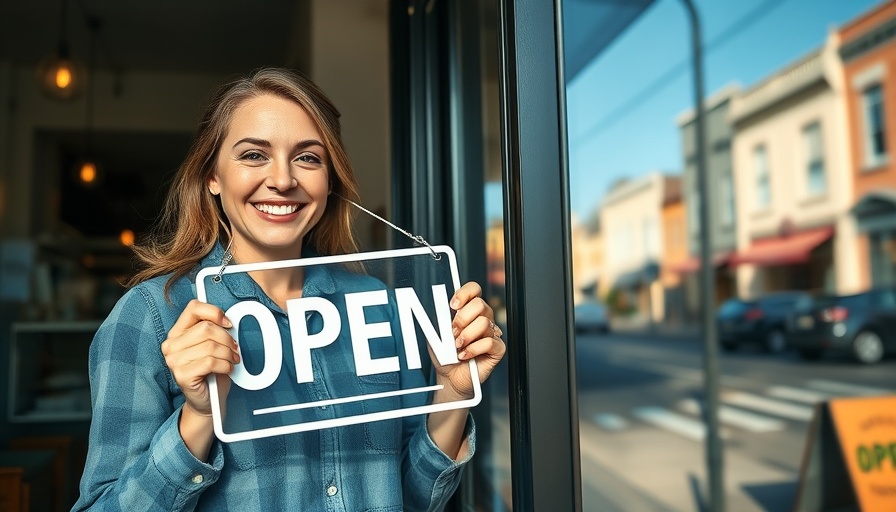 Smiling woman opens small business with an 'OPEN' sign, U.S. storefront.