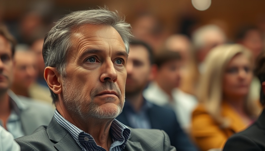 Thoughtful middle-aged man at a public event discussing AI job cuts.
