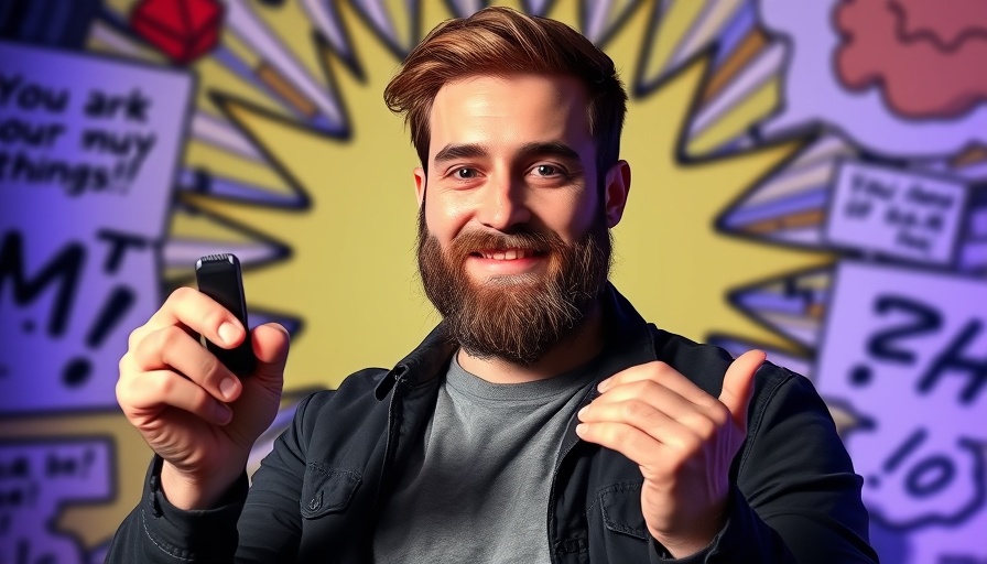 Young man presenting with comic background, engaging illustration.