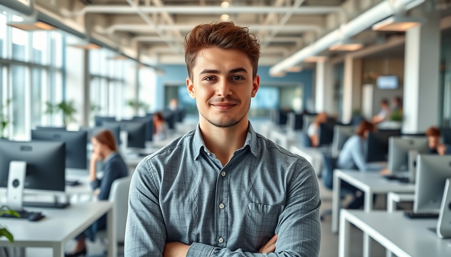 Young professional in modern office, AI job cuts theme.