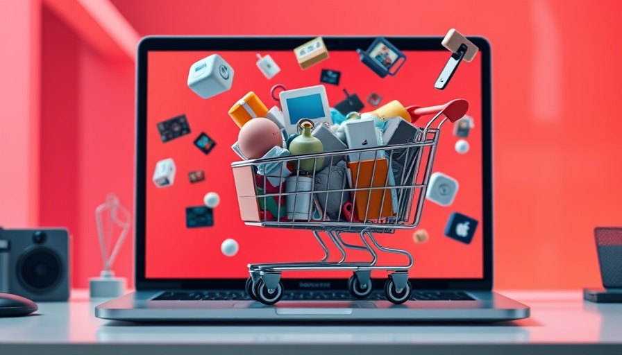 Futuristic shopping cart in laptop screen represents Alibaba stock investment potential.
