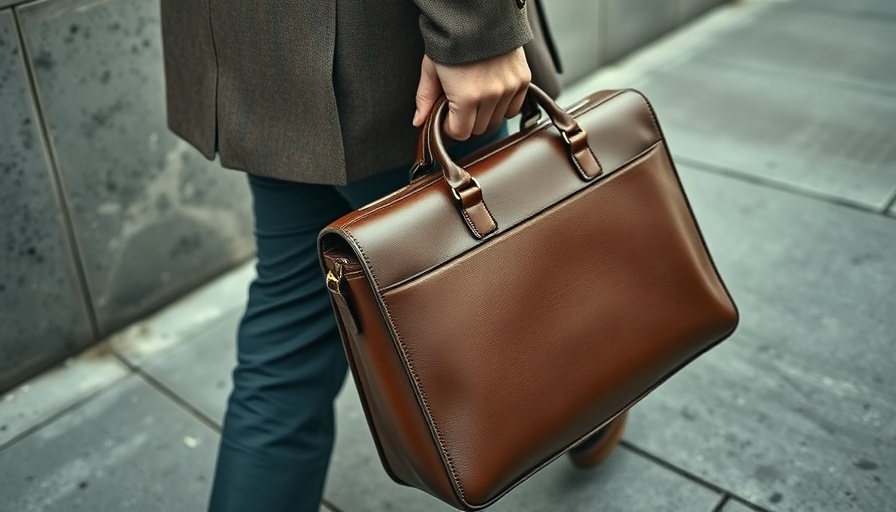 Person carrying brown leather briefcase on a street.