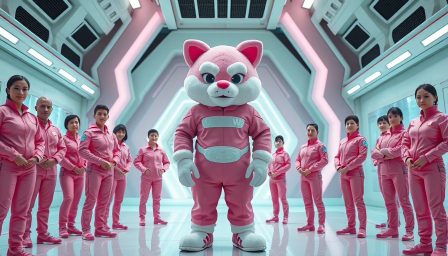 AI-themed futuristic scene with pink characters and a mascot in modern setting.