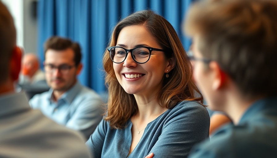 Woman in glasses smiling during a discussion at a conference.