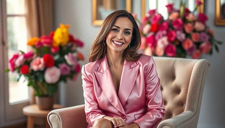 Woman smiling in pastel suit among flowers, indoors.