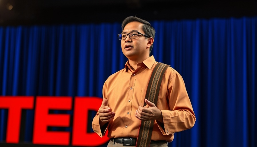 Confident speaker delivering a TED Talk in traditional attire.
