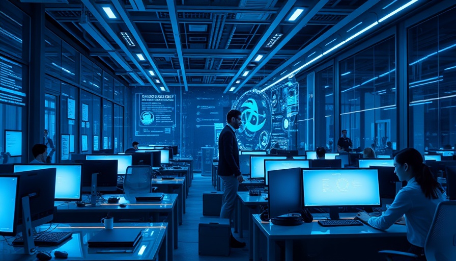 Futuristic office depicting AI job cuts, digital holography in workspace.