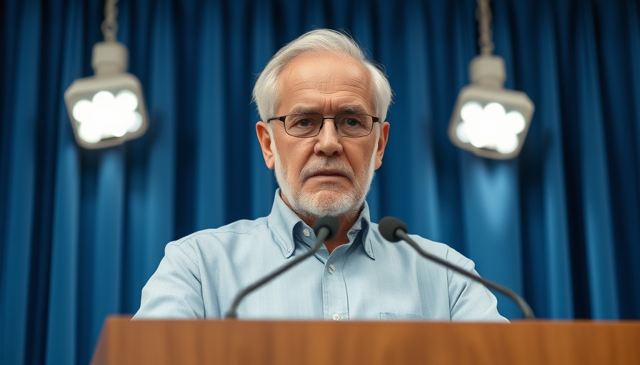 Elderly man speaks at podium with serious expression, mortgage rates will drop.