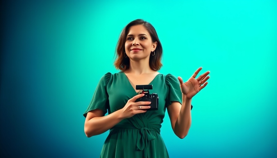 Confident woman speaking on stage, holding a clicker, AI help with family life.