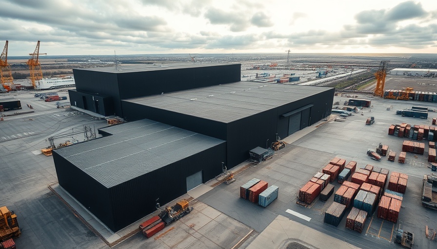 Aerial view of an industrial facility with machinery and containers.