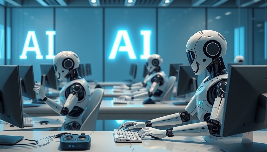 Humanoid robots working in an AI-driven office, illustrating ai job cuts.
