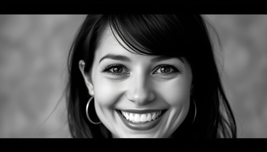 Monochrome portrait of a woman with a confident smile, embodying femtech leadership style.