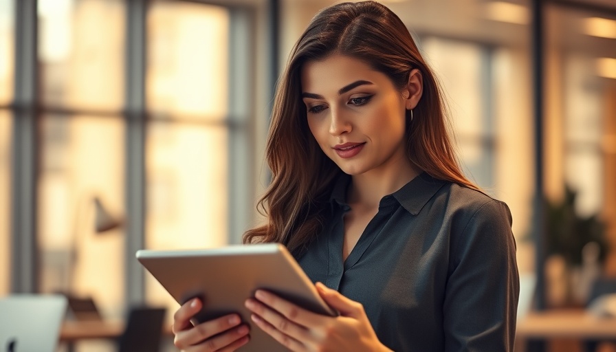 Professional woman using a tablet for Shift4 Payments Investment in an office.