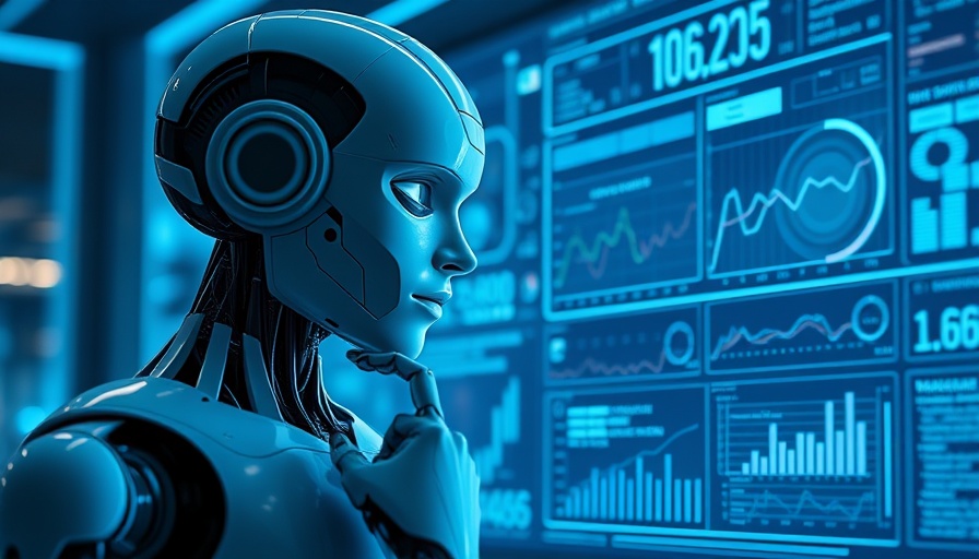 AI robot contemplating data on futuristic screen.