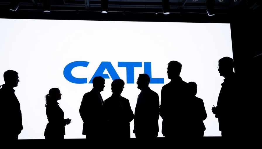 Silhouetted figures in front of CATL sign, corporate setting.