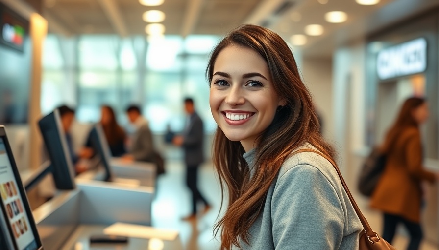 Smiling woman at bank counter in a modern bank setting