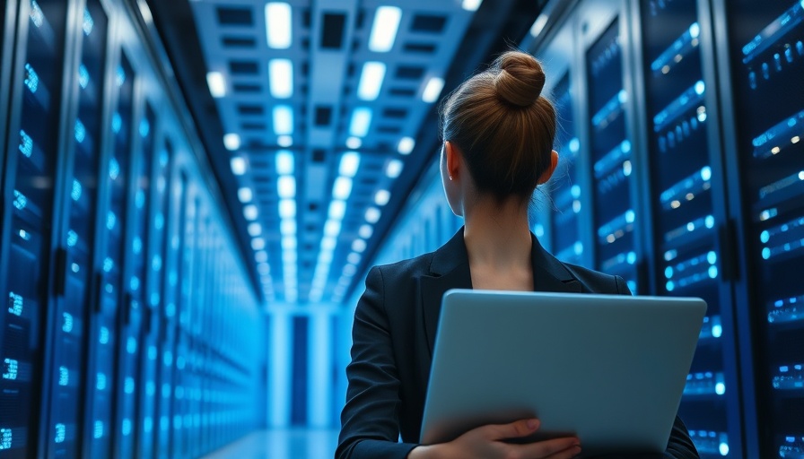 Woman observing data center, symbolizing AI job loss concerns.