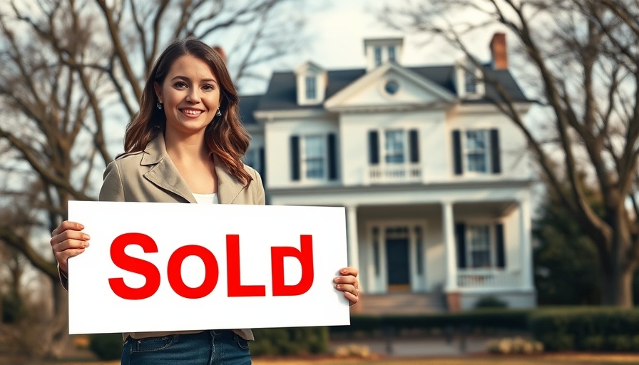 Samantha Babin holding 'SOLD' sign in front of colonial house.