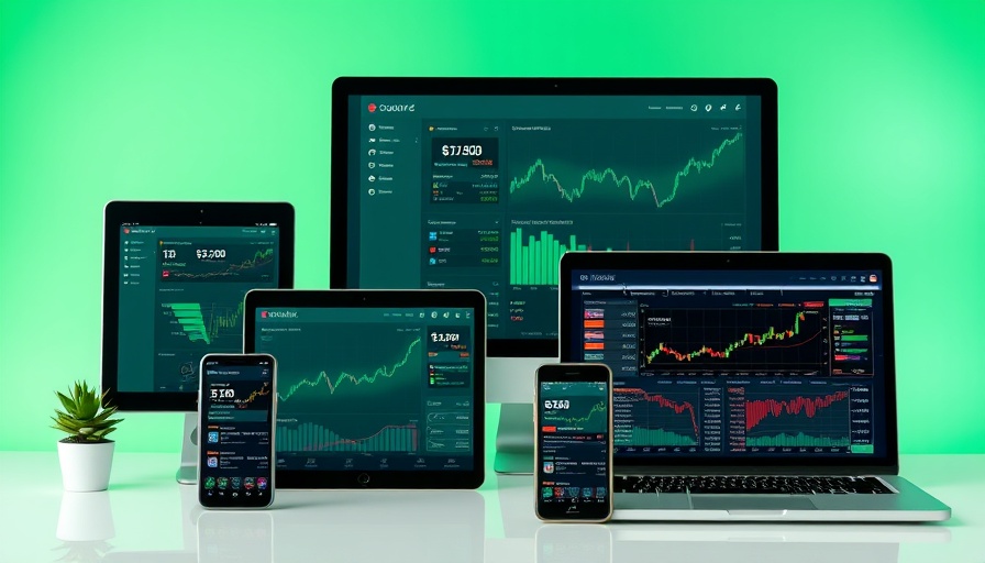 Financial stock app on multiple devices with Trustindex rating.