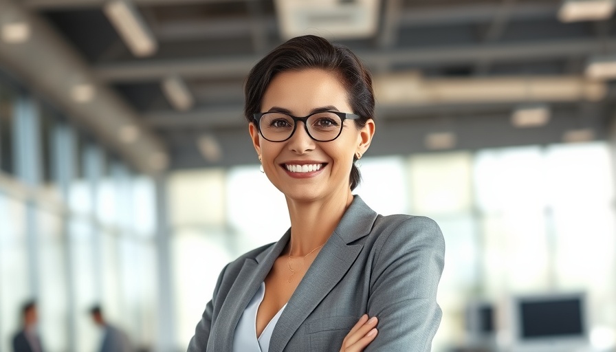 Confident business professional in modern office setting, ai job loss concept.