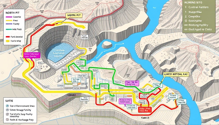 Map of mining site with labeled pits and facilities.