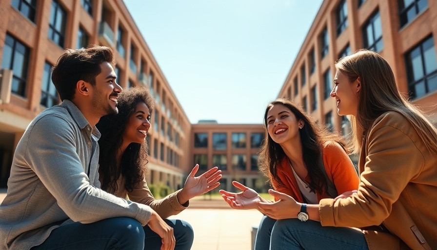 Students discussing outside a top business school, sunny day.