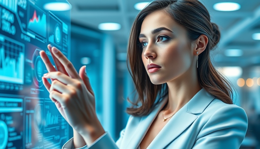 Woman analyzing digital data in a futuristic office setting.