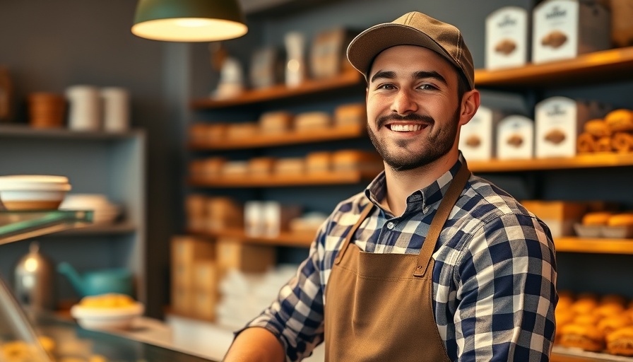 Young man in local bakery in Milan, smiling and working.