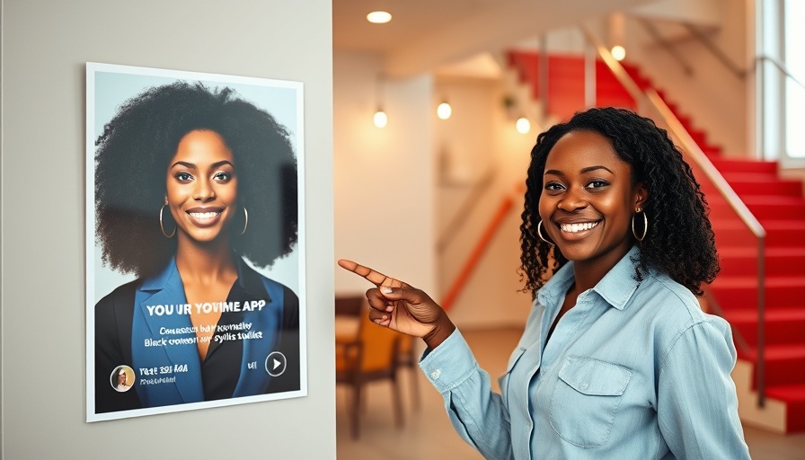 App connecting Black women with stylists promotional poster with smiling woman.