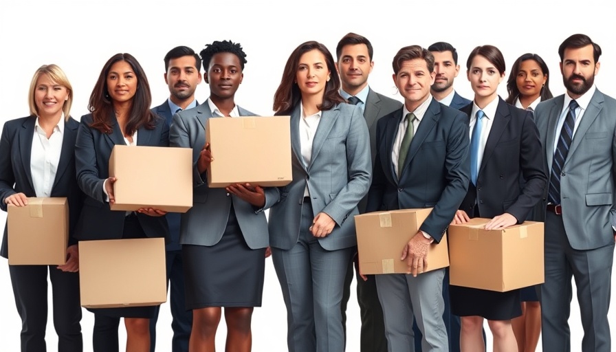 Professionals in line holding boxes, symbolizing AI job cuts.